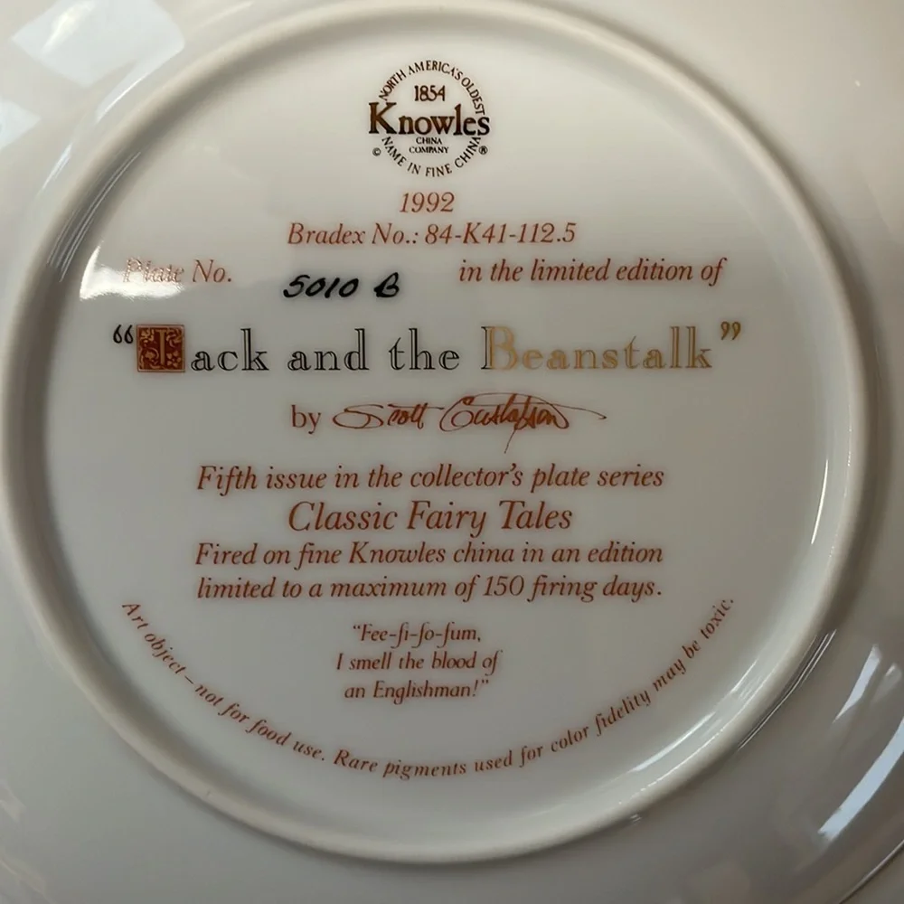 Vintage 1992 Knowles “Jack and the Beanstalk” Limited Edition Plate Fifth Issue